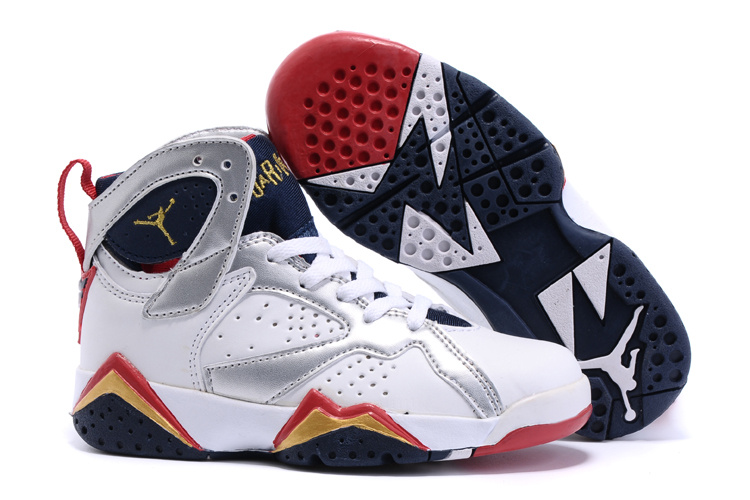 2015 Nike Kids Air Jordan 7 Retro White Silver Red Black Shoes