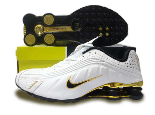 Mens Nike Shox R4 Shoes White Black Golden