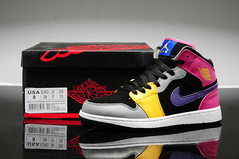 New Air Jordan 1 Retro Black Grey Yellow Pink Shoes