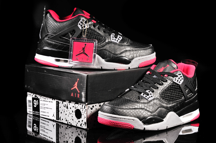 New Jordan 4 Retro Fish Pattern Black Grey Red Shoes