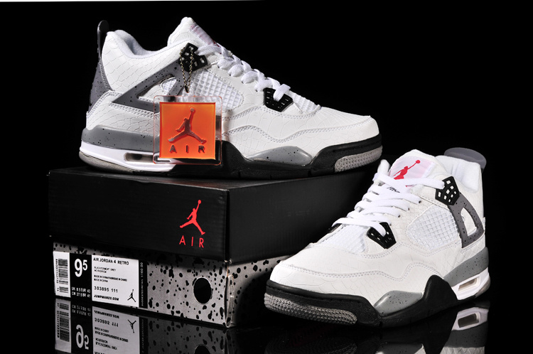 New Jordan 4 Retro Fish Pattern White Black Grey Shoes