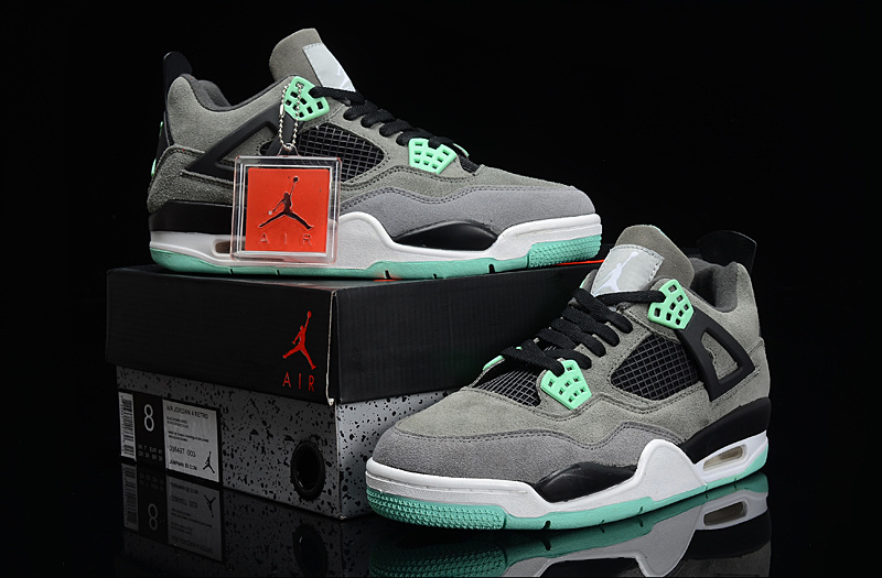 New Jordan 4 Retro Suede Grey Black Green Grey Shoes