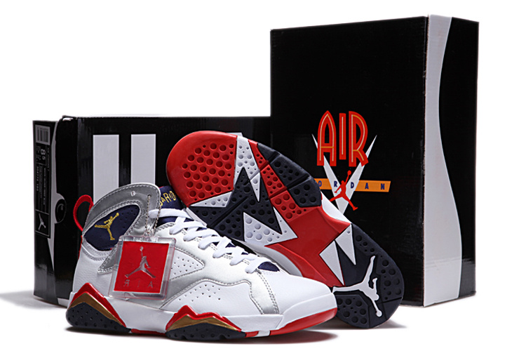 New Nike Jordan 7 Retro White Silver Red Black Shoes - Click Image to Close