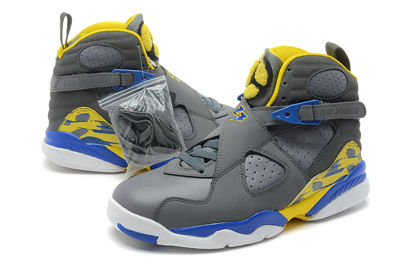 New Jordan 8 Retro Grey White Blue Yellow Shoes - Click Image to Close