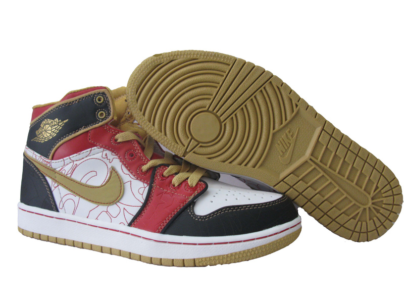 New Nike Air Jordan 1 Red White Black Golden Logo Shoes - Click Image to Close