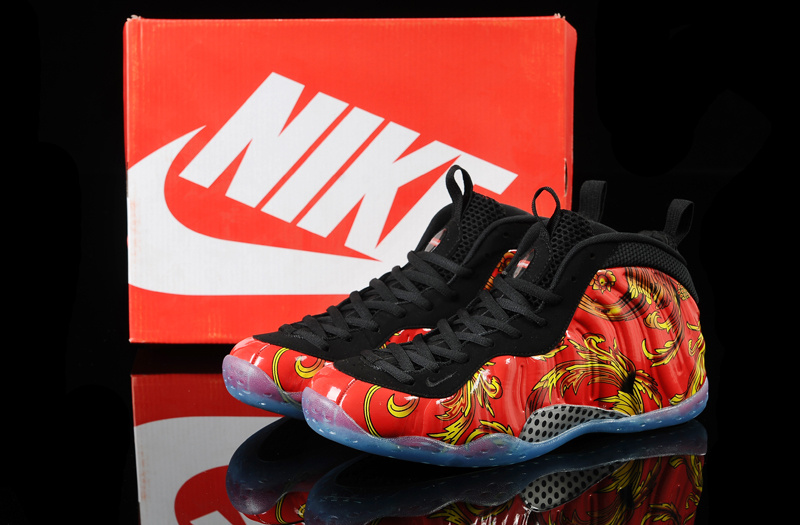 Nike Air Foamposite One Black Red Yellow Flower Print Shoes