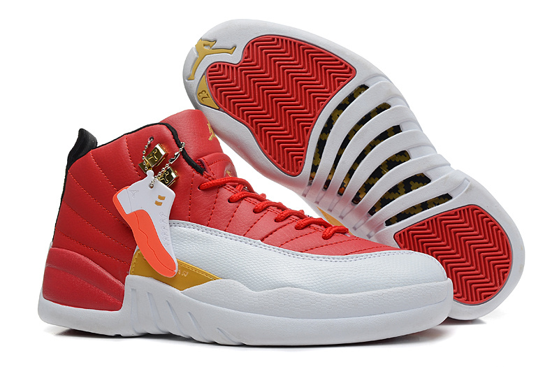 Women Nike Air Jordan 12 GS White Red Gold Shoes