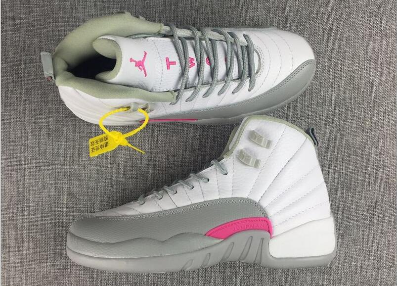 Women Nike Air Jordan 12 GS White Wolf Grey Vivid Pink Shoes