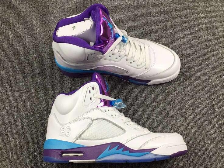 Women Nike Air Jordan 5 Hornets White Blue Purple Shoes