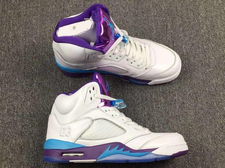 Women Nike Air Jordan 5 Hornets White Blue Purple Shoes - Click Image to Close