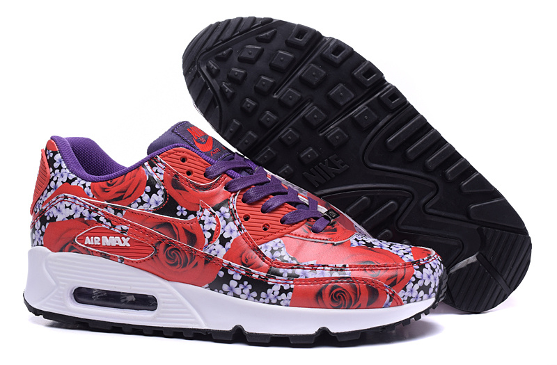 2016 Women's Nike Air Max 90 London Red Purple White Rose Print