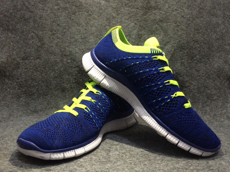 Women Nike Free Flyknit 5.0 Blue Fluorscent Green White Shoes - Click Image to Close